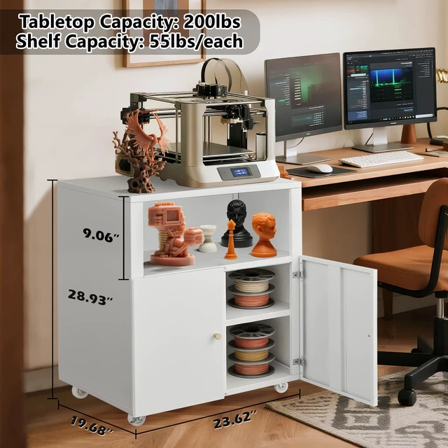 Alt view image 3 of 7 - Large Metal Printer Stand Cabinet with Storage and Wheels, White | Rolling Mobile 3D Laser Printer Copier Photocopier Table Cart with Doors, Adjustable Shelf, Golden Handles for Home Office