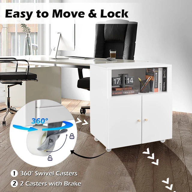 Alt view image 4 of 7 - Large Metal Printer Stand Cabinet with Storage and Wheels, White | Rolling Mobile 3D Laser Printer Copier Photocopier Table Cart with Doors, Adjustable Shelf, Golden Handles for Home Office