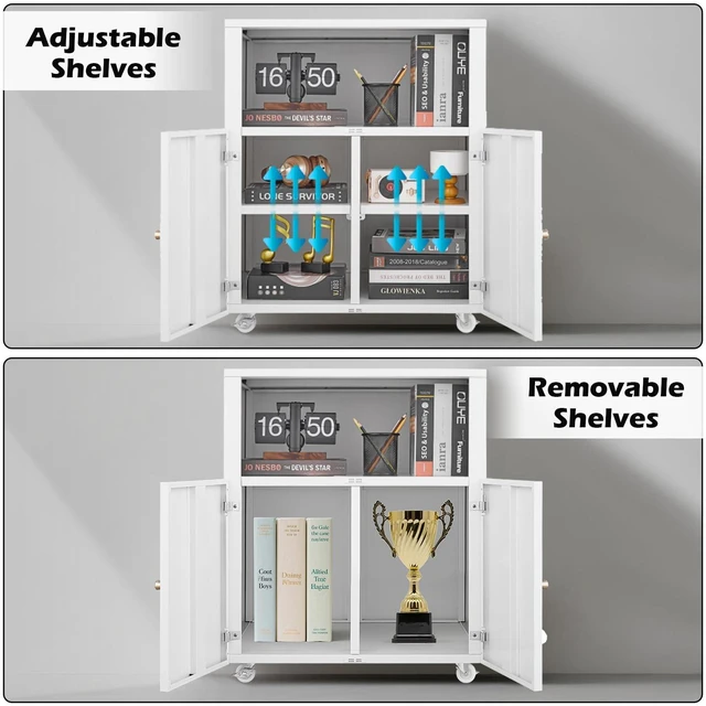 Alt view image 5 of 7 - Large Metal Printer Stand Cabinet with Storage and Wheels, White | Rolling Mobile 3D Laser Printer Copier Photocopier Table Cart with Doors, Adjustable Shelf, Golden Handles for Home Office