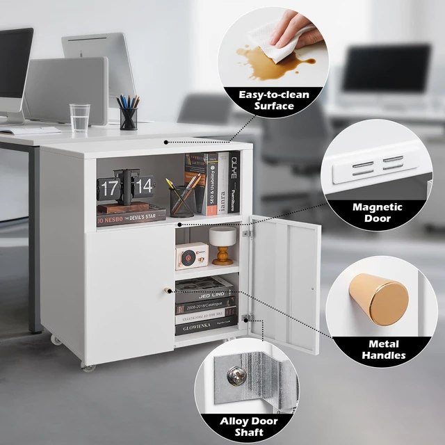 Alt view image 6 of 7 - Large Metal Printer Stand Cabinet with Storage and Wheels, White | Rolling Mobile 3D Laser Printer Copier Photocopier Table Cart with Doors, Adjustable Shelf, Golden Handles for Home Office
