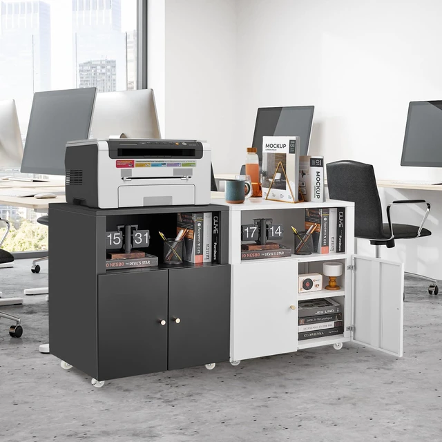 Alt view image 7 of 7 - Large Metal Printer Stand Cabinet with Storage and Wheels, White | Rolling Mobile 3D Laser Printer Copier Photocopier Table Cart with Doors, Adjustable Shelf, Golden Handles for Home Office