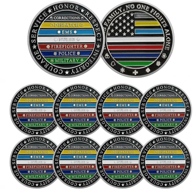 Main image of Thin Multi Line Challenge Coin - No One Fights Alone Coins - Honor US Corrections Dispatch EMS Nurse Firefighter Police Military Hero - Law Enforcement Gifts Tribute to Our First Responders (10 PCS)