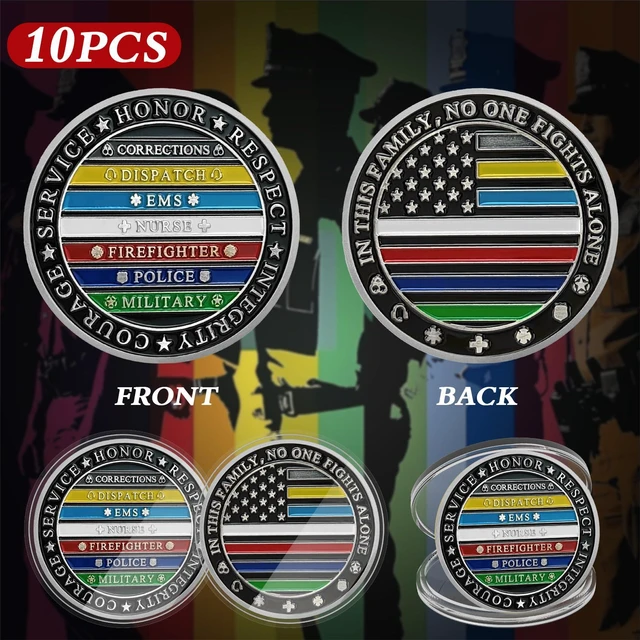 Alt view image 2 of 7 - Thin Multi Line Challenge Coin - No One Fights Alone Coins - Honor US Corrections Dispatch EMS Nurse Firefighter Police Military Hero - Law Enforcement Gifts Tribute to Our First Responders (10 PCS)