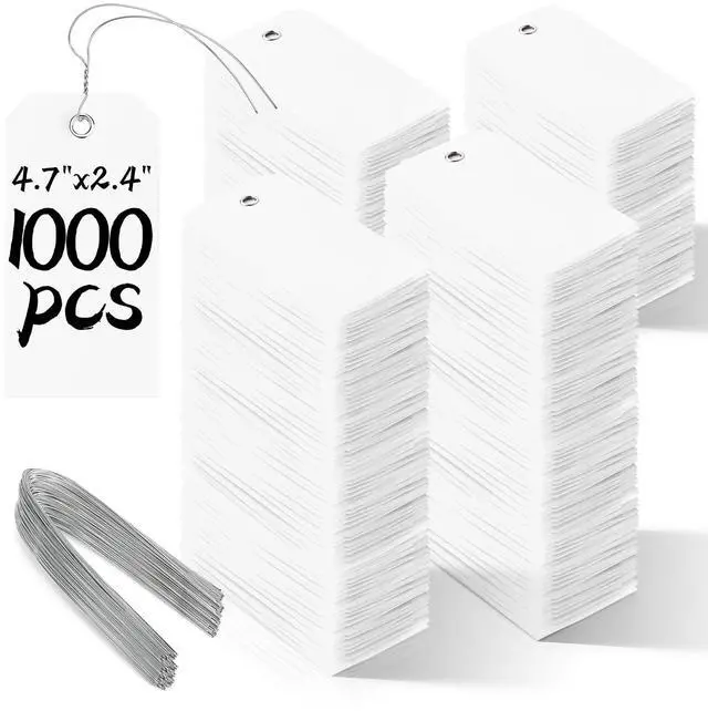 Main image of 1000 Pieces Plastic Shipping Tags with Wire Labeling Tags Waterproof Hang Tags with Reinforcement Hole Writable Luggage tag Loops for Equipment Inventory Parts Garage (White, 4 3/4" x 2 3/8")