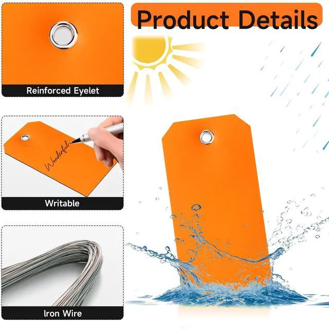 Alt view image 3 of 7 - 500 Plastic Shipping Tags with Wire - Waterproof Heavy Duty Labels with String Wires - Orange, 4 3/4 x 2 3/8