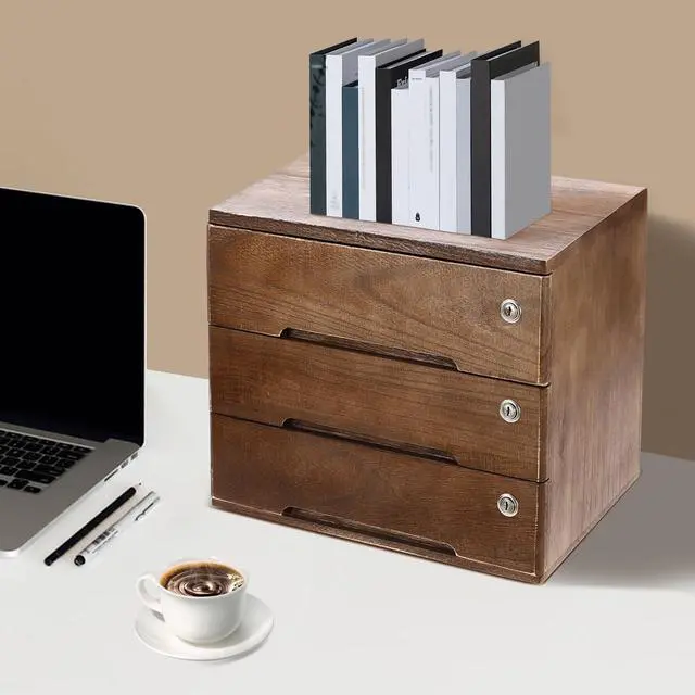Alt view image 2 of 6 - Wooden Desktop Storage Cabinet with 3 Lockable Drawers, Office Desk File Organizer, Small Wooden Drawer Storage Box for Home Office Supplies, Sewing Kits,Vanity, Walnut Color