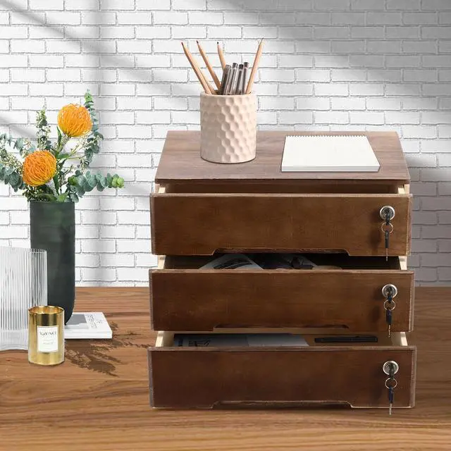 Alt view image 4 of 6 - Wooden Desktop Storage Cabinet with 3 Lockable Drawers, Office Desk File Organizer, Small Wooden Drawer Storage Box for Home Office Supplies, Sewing Kits,Vanity, Walnut Color