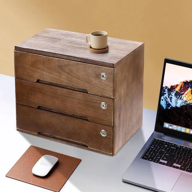 Alt view image 5 of 6 - Wooden Desktop Storage Cabinet with 3 Lockable Drawers, Office Desk File Organizer, Small Wooden Drawer Storage Box for Home Office Supplies, Sewing Kits,Vanity, Walnut Color