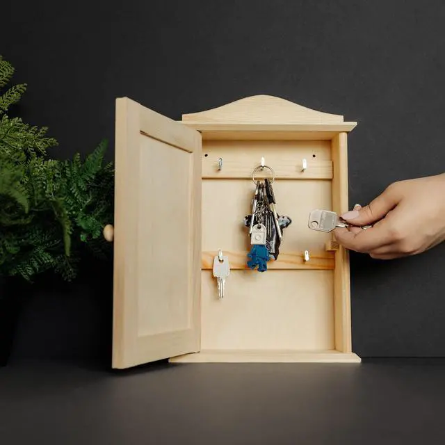 Alt view image 2 of 6 - Wooden Key Box Key Cabinet | 7.87 x 2.36 x 11.61 in | Wall Box | Plain, Unpainted & Unfinished with 6 Hooks | for Home Decor