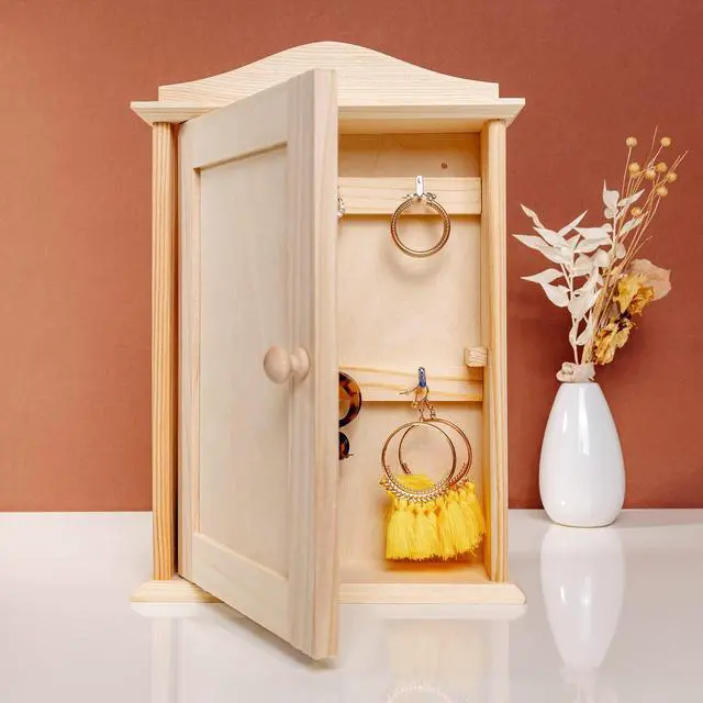 Alt view image 4 of 6 - Wooden Key Box Key Cabinet | 7.87 x 2.36 x 11.61 in | Wall Box | Plain, Unpainted & Unfinished with 6 Hooks | for Home Decor