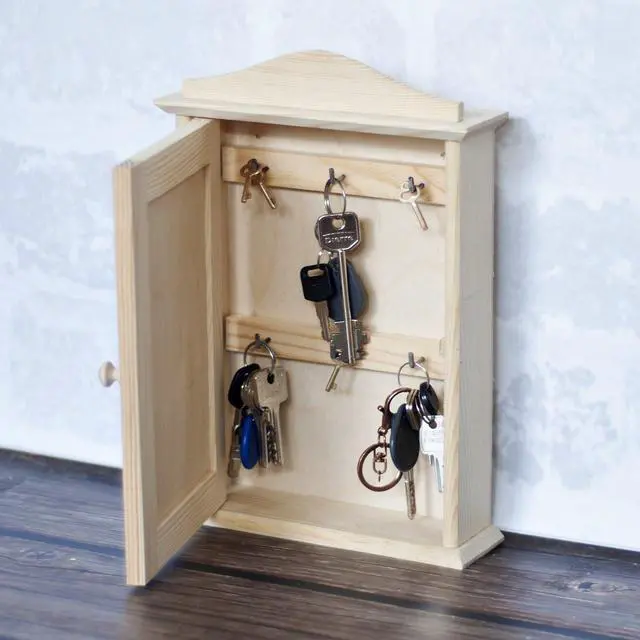 Alt view image 5 of 6 - Wooden Key Box Key Cabinet | 7.87 x 2.36 x 11.61 in | Wall Box | Plain, Unpainted & Unfinished with 6 Hooks | for Home Decor