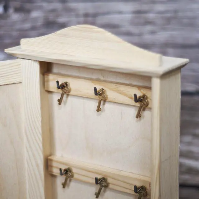 Alt view image 6 of 6 - Wooden Key Box Key Cabinet | 7.87 x 2.36 x 11.61 in | Wall Box | Plain, Unpainted & Unfinished with 6 Hooks | for Home Decor