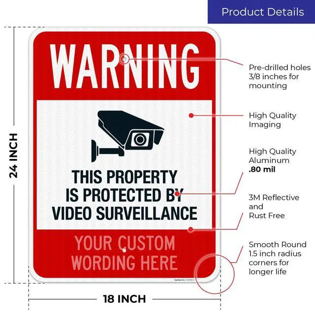 Alt view image 3 of 6 - Custom Video Surveillance Sign, Personalize For Business, Home, Airbnb, School,Indoor/Outdoor Signs, 18x24 Inches, 3M EGP Reflective.080 Aluminum, Fade Resistant, Made in USA