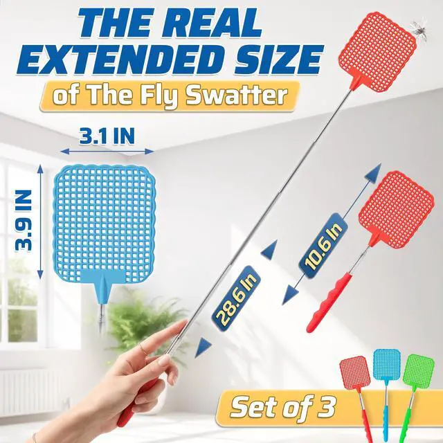 Alt view image 2 of 7 - 3 Pack Telescoping Fly Swatter with Extendable 28.6 Inch Stainless Steel Handle - Manual Fly Swatter for Indoor and Outdoor Use - Heavy Duty Flyswatters for Kitchen Bedroom Patio Garage Camping and RV