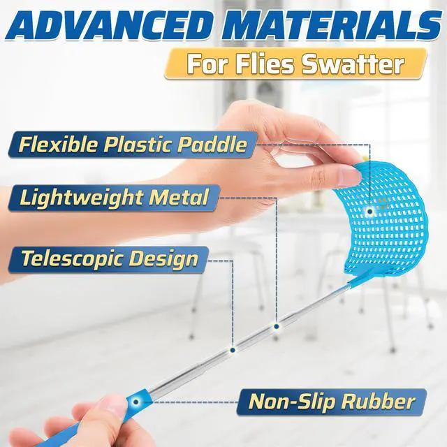 Alt view image 3 of 7 - 3 Pack Telescoping Fly Swatter with Extendable 28.6 Inch Stainless Steel Handle - Manual Fly Swatter for Indoor and Outdoor Use - Heavy Duty Flyswatters for Kitchen Bedroom Patio Garage Camping and RV