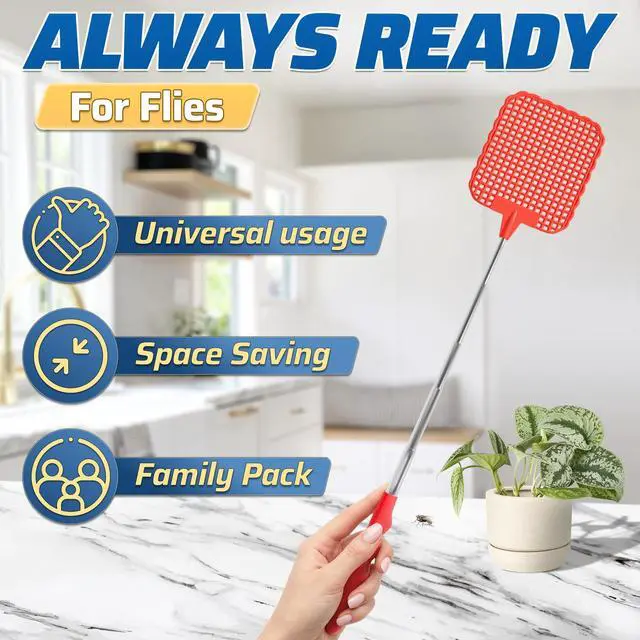 Alt view image 4 of 7 - 3 Pack Telescoping Fly Swatter with Extendable 28.6 Inch Stainless Steel Handle - Manual Fly Swatter for Indoor and Outdoor Use - Heavy Duty Flyswatters for Kitchen Bedroom Patio Garage Camping and RV