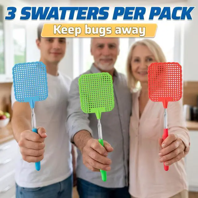 Alt view image 7 of 7 - 3 Pack Telescoping Fly Swatter with Extendable 28.6 Inch Stainless Steel Handle - Manual Fly Swatter for Indoor and Outdoor Use - Heavy Duty Flyswatters for Kitchen Bedroom Patio Garage Camping and RV