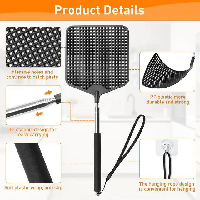 Alt view image 2 of 7 - Telescopic Fly Swatters 2 Pack, Premium Plastic Flyswatter, Fly Swatter Heavy Duty for Indoor, Outdoor, Classroom, Stainless Steel HandleBlack