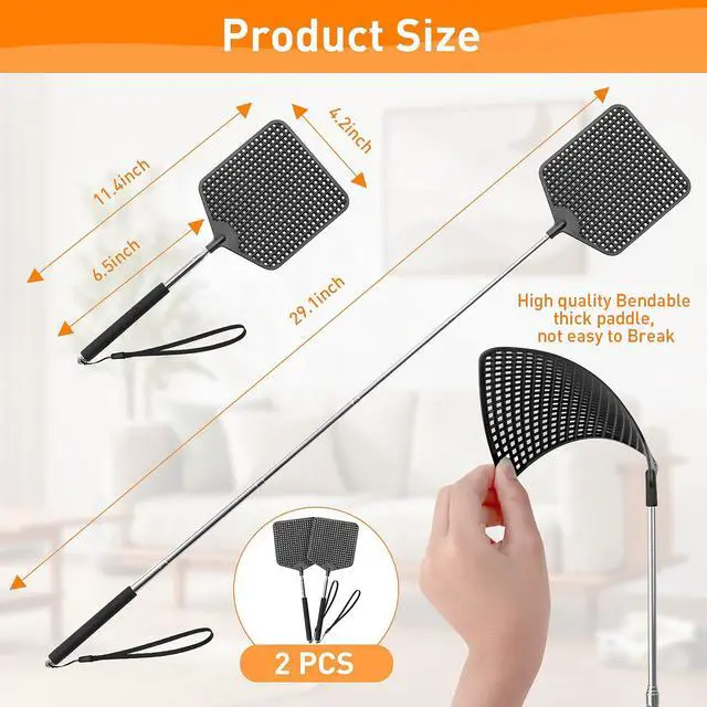 Alt view image 3 of 7 - Telescopic Fly Swatters 2 Pack, Premium Plastic Flyswatter, Fly Swatter Heavy Duty for Indoor, Outdoor, Classroom, Stainless Steel HandleBlack