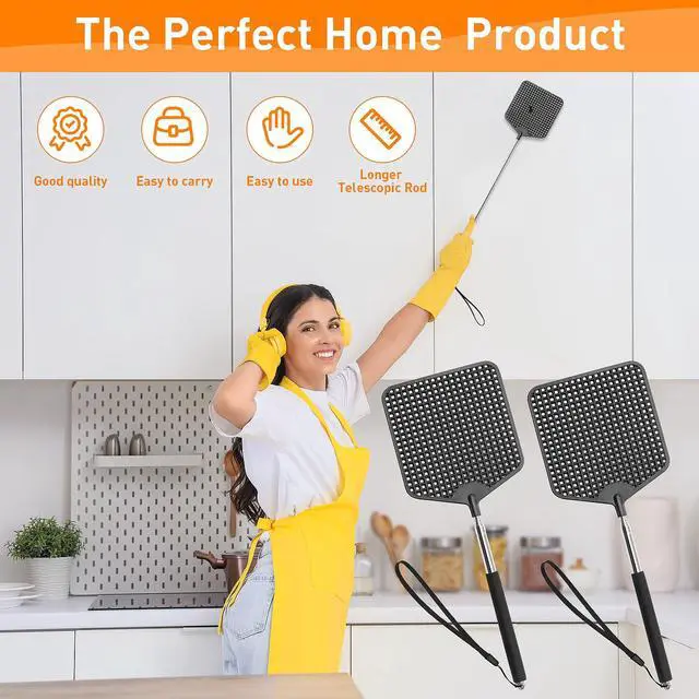 Alt view image 7 of 7 - Telescopic Fly Swatters 2 Pack, Premium Plastic Flyswatter, Fly Swatter Heavy Duty for Indoor, Outdoor, Classroom, Stainless Steel HandleBlack