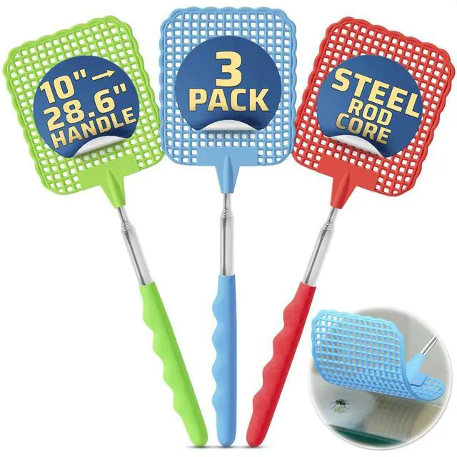 Main image of 3 Pack Telescoping Fly Swatter with Extendable 28.6" Stainless Steel Handle - Manual Bug Swatter for Indoor and Outdoor Use - Heavy Duty Flyswatters for Kitchen Bedroom Patio Office Garage Camping RV