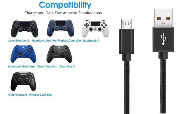 Alt view image 6 of 7 - PS4 Controller Charger Charging Cable 10FT Micro USB Cord Nylon Braided Playstaion 4 Charger for Sony PlayStation 4 Pro/ PS4 Slim/ PS4 Dualshock 4 Controller,for Xbox One X/S/One Elite Controller