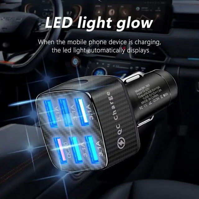 Alt view image 2 of 7 - Fast Charging 6 Ports Car Phone Charger Adapter,QC3.0/3.1A Type Smart Shunt Cigarette Lighter USB Charger Compatible with iPhone 14 13 12,S22 S21 S20,iPad Pro& All Mobil Phone (Black)