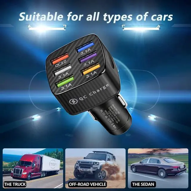 Alt view image 3 of 7 - Fast Charging 6 Ports Car Phone Charger Adapter,QC3.0/3.1A Type Smart Shunt Cigarette Lighter USB Charger Compatible with iPhone 14 13 12,S22 S21 S20,iPad Pro& All Mobil Phone (Black)