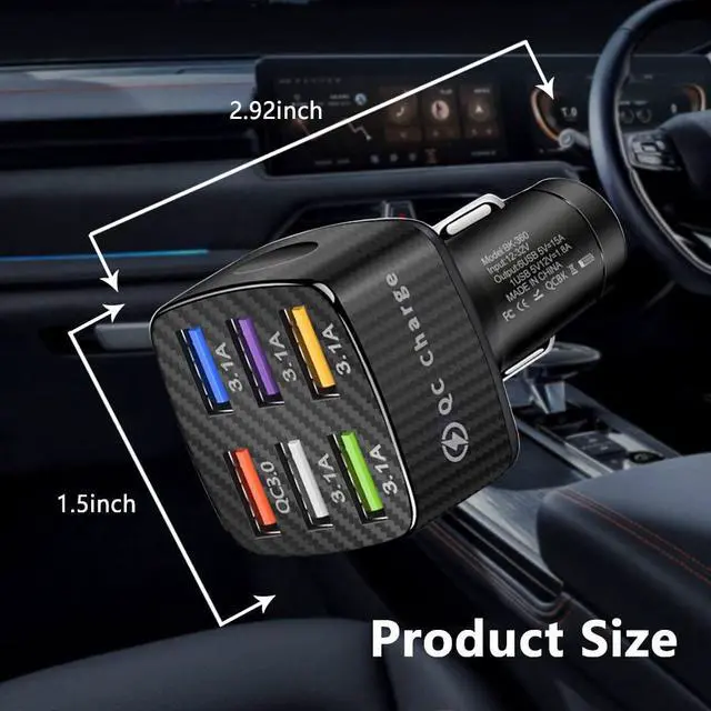 Alt view image 7 of 7 - Fast Charging 6 Ports Car Phone Charger Adapter,QC3.0/3.1A Type Smart Shunt Cigarette Lighter USB Charger Compatible with iPhone 14 13 12,S22 S21 S20,iPad Pro& All Mobil Phone (Black)
