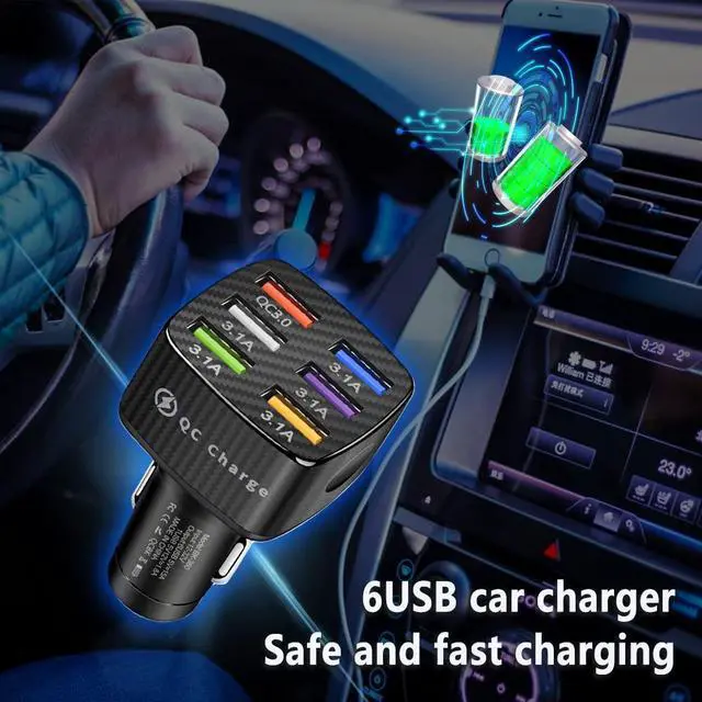 Alt view image 4 of 7 - Fast Charging 6 Ports Car Phone Charger Adapter,QC3.0/3.1A Type Smart Shunt Cigarette Lighter USB Charger Compatible with iPhone 14 13 12,S22 S21 S20,iPad Pro& All Mobil Phone (Black)
