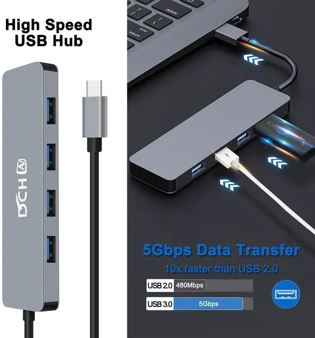 Alt view image 3 of 6 - USB C Hub 3.0, 4-Port USB Splitter Data USBc Hub Multiport Adapter for Laptop PC Desktop Computer Notebook Printer HDD Keyboard and Mouse Compatible with Windows Mac Linux Chrome