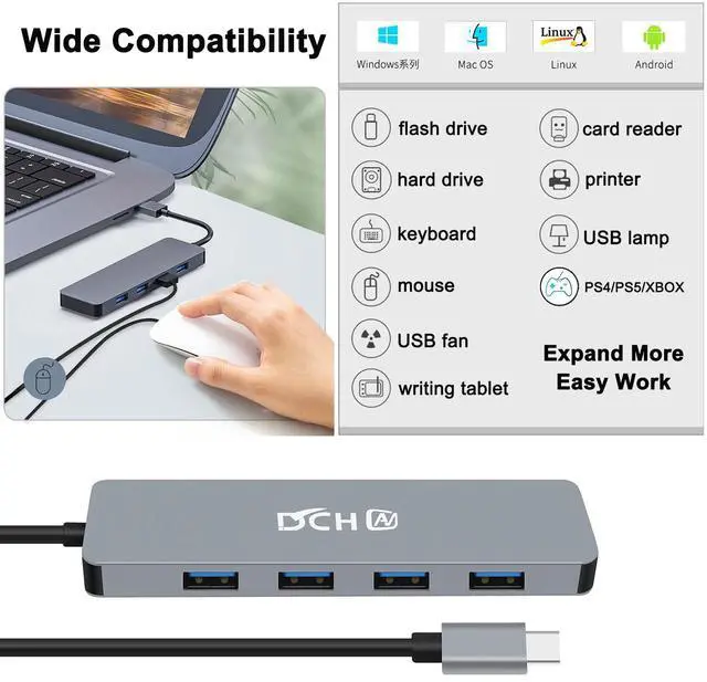 Alt view image 6 of 6 - USB C Hub 3.0, 4-Port USB Splitter Data USBc Hub Multiport Adapter for Laptop PC Desktop Computer Notebook Printer HDD Keyboard and Mouse Compatible with Windows Mac Linux Chrome