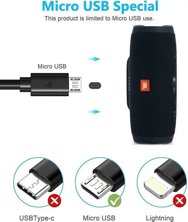 Alt view image 2 of 6 - Micro USB Charger Cord for JBL Clip 3, 2, JBL Flip 4, 3, 2, JBL Charge 3, 2, 2 Plus Waterproof Portable Bluetooth Speaker Replacement Charging Cable Cord 5Ft