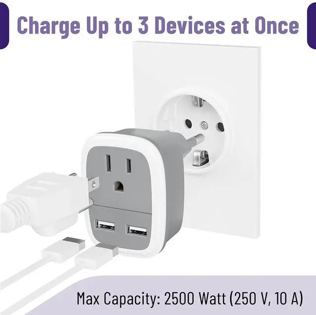 Alt view image 4 of 7 - Travel Adapter with USB - US to Europe Plug Adapter for Travel