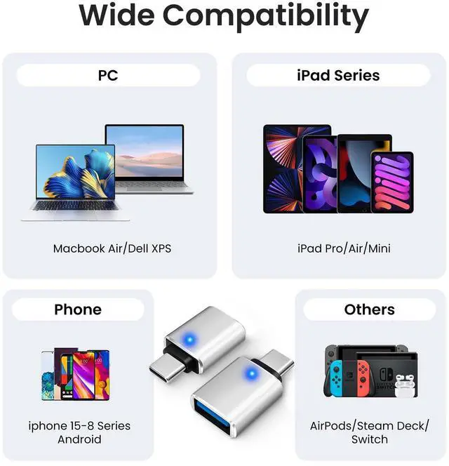 Alt view image 2 of 7 - USB-C to USB-A Adapter (2-Pack), USB C Male to USB 3.0 Female Adapter Charging High-Speed Data Transfer and OTG - Silver