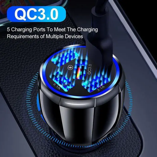 Alt view image 2 of 7 - Car Charger Adapter, 5 Port QC3.0 Fast Charging Car Cigarette Lighter USB Charger, Compatible with iPhone, Android, Samsung, iPad Pro, and More (Black)