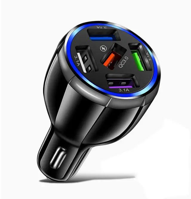 Main image of Car Charger Adapter, 5 Port QC3.0 Fast Charging Car Cigarette Lighter USB Charger, Compatible with iPhone, Android, Samsung, iPad Pro, and More (Black)