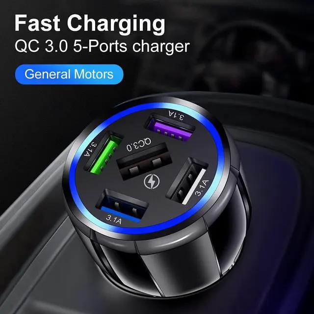 Alt view image 3 of 7 - Car Charger Adapter, 5 Port QC3.0 Fast Charging Car Cigarette Lighter USB Charger, Compatible with iPhone, Android, Samsung, iPad Pro, and More (Black)