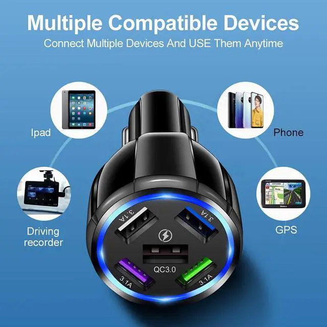 Alt view image 4 of 7 - Car Charger Adapter, 5 Port QC3.0 Fast Charging Car Cigarette Lighter USB Charger, Compatible with iPhone, Android, Samsung, iPad Pro, and More (Black)
