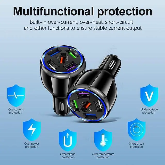 Alt view image 6 of 7 - Car Charger Adapter, 5 Port QC3.0 Fast Charging Car Cigarette Lighter USB Charger, Compatible with iPhone, Android, Samsung, iPad Pro, and More (Black)
