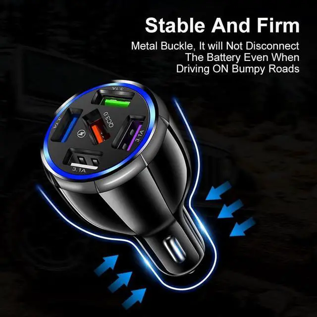 Alt view image 5 of 7 - Car Charger Adapter, 5 Port QC3.0 Fast Charging Car Cigarette Lighter USB Charger, Compatible with iPhone, Android, Samsung, iPad Pro, and More (Black)