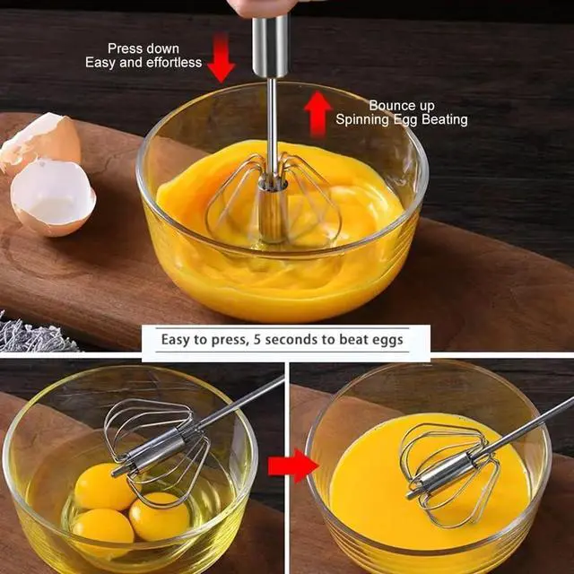 Alt view image 4 of 7 - Stainless Steel Semi-Automatic Whisk Egg Whisk Hand Push Rotary Whisk Blender Semi Auto Egg Beater Hand Push Mixer Stirrer Egg Scrambler for Blending, Whisking, Frothing, Beating & Stirring(12inch)