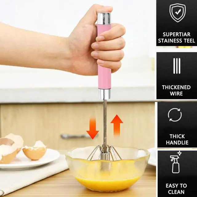 Alt view image 7 of 7 - Stainless Steel Semi-Automatic Whisk Egg Whisk Hand Push Rotary Whisk Blender Semi Auto Egg Beater Hand Push Mixer Stirrer Egg Scrambler for Blending, Whisking, Frothing, Beating & Stirring(12inch)