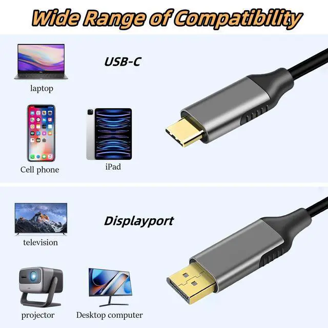 Alt view image 4 of 5 - USB C to DisplayPort Cable 6FT, DP to USB C Cable for Monitor, Type-C to Displayport, Type C to DP Compatible with MacBook Pro/Air, iPad Pro, iMac, Dell XPS