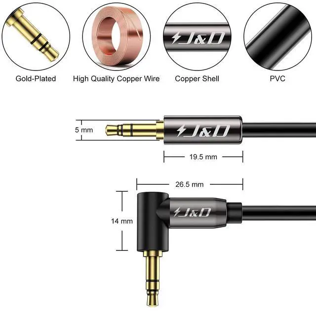 Alt view image 2 of 7 - 3.5mm Stereo Audio Aux Jack to Jack Gold Plated Cable 90 Degree Right Angle Compatible for iPhone, Galaxy, Speakers or All Other Devices, 12 Feet