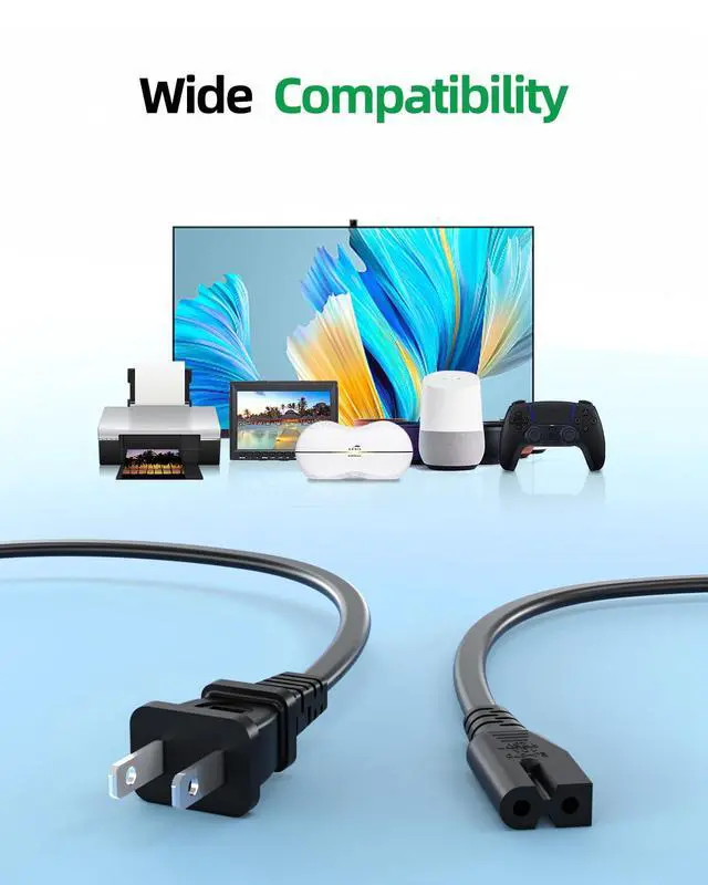 Alt view image 3 of 7 - 2 Prong AC Power Cord Cable Fit for Sony PS1 PS2 PlayStation 1 2, Vizio D/E/M/V/P Series HDTV, Sound Bar, Philips Sharp Sanyo Emerson TV, Bose Music System Speaker Replacement - (ETL Listed Cable)