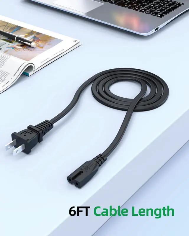 Alt view image 4 of 7 - 2 Prong AC Power Cord Cable Fit for Sony PS1 PS2 PlayStation 1 2, Vizio D/E/M/V/P Series HDTV, Sound Bar, Philips Sharp Sanyo Emerson TV, Bose Music System Speaker Replacement - (ETL Listed Cable)