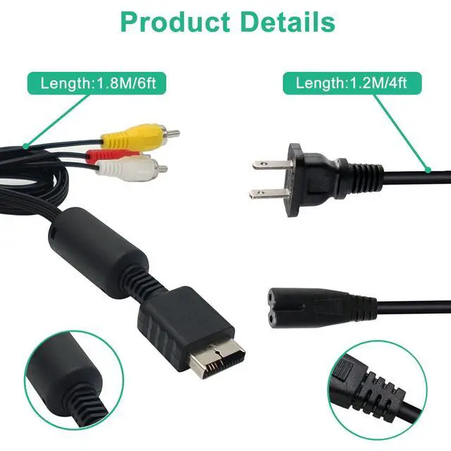 Alt view image 4 of 7 - Power Cord and AV Cable for PlayStation 1, 2, 3 /PS1/PS2/PS3/PSX/PS3 Slim (6FT) - RCA AV Cable Replacement Set
