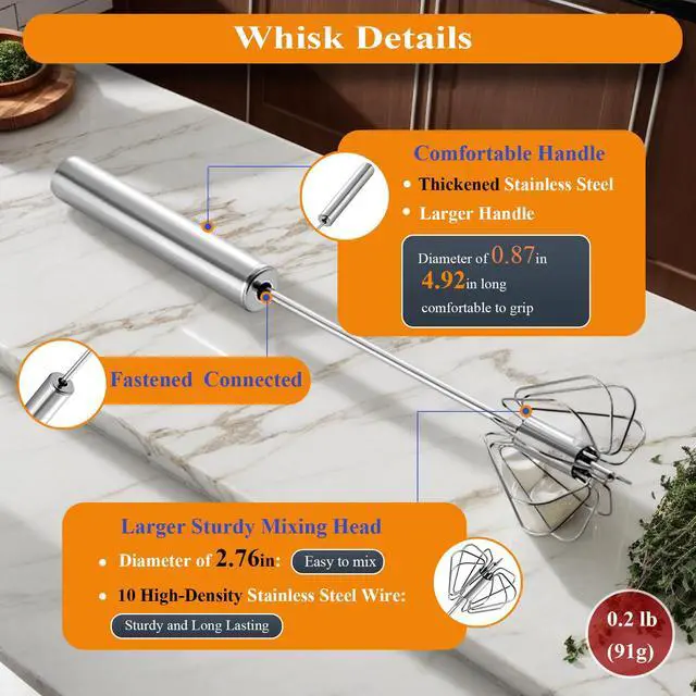 Alt view image 2 of 6 - Stainless Steel Semi Automatic Whisk Egg Beater Whizzy Whisk, Hand Push Blender Kitchen Mixer Wisking Tool for Blending Cooking Gadgets(10in)