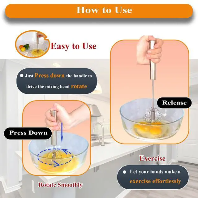 Alt view image 3 of 6 - Stainless Steel Semi Automatic Whisk Egg Beater Whizzy Whisk, Hand Push Blender Kitchen Mixer Wisking Tool for Blending Cooking Gadgets(10in)